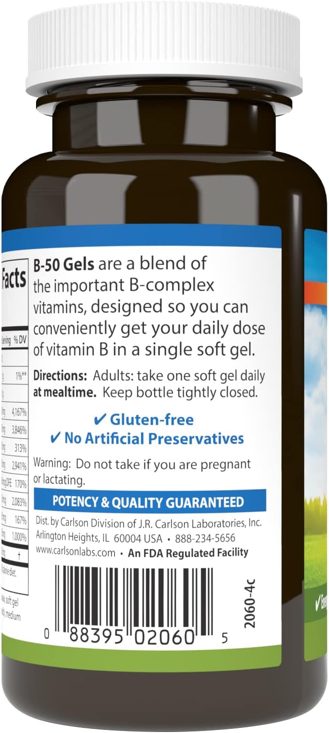 Carlson B-50 Gels: Vitamin B Complex for Energy Production, Cellular Support, and Wellness - 50 Softgels