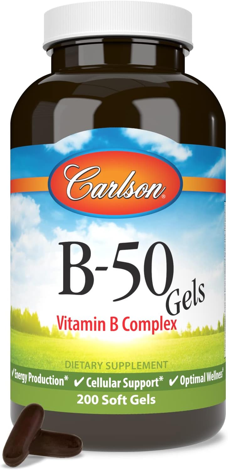 Carlson B-50 Gels: Vitamin B Complex for Energy Production and Cellular Support - 200 Softgels
