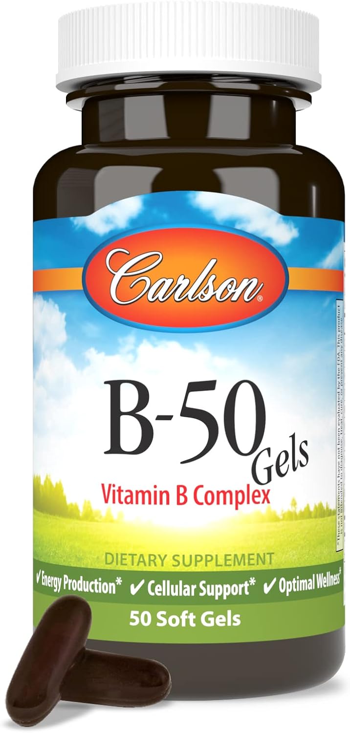 Carlson B-50 Gels: Vitamin B Complex for Energy Production, Cellular Support, and Wellness - 50 Softgels