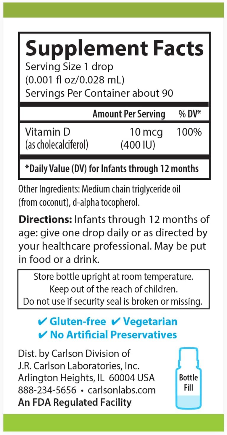 Carlson Baby Plant-Based Liquid Vitamin D Drops for Infants & Toddlers - 400 IU per Drop from Algae - Unflavored - 90 Drops