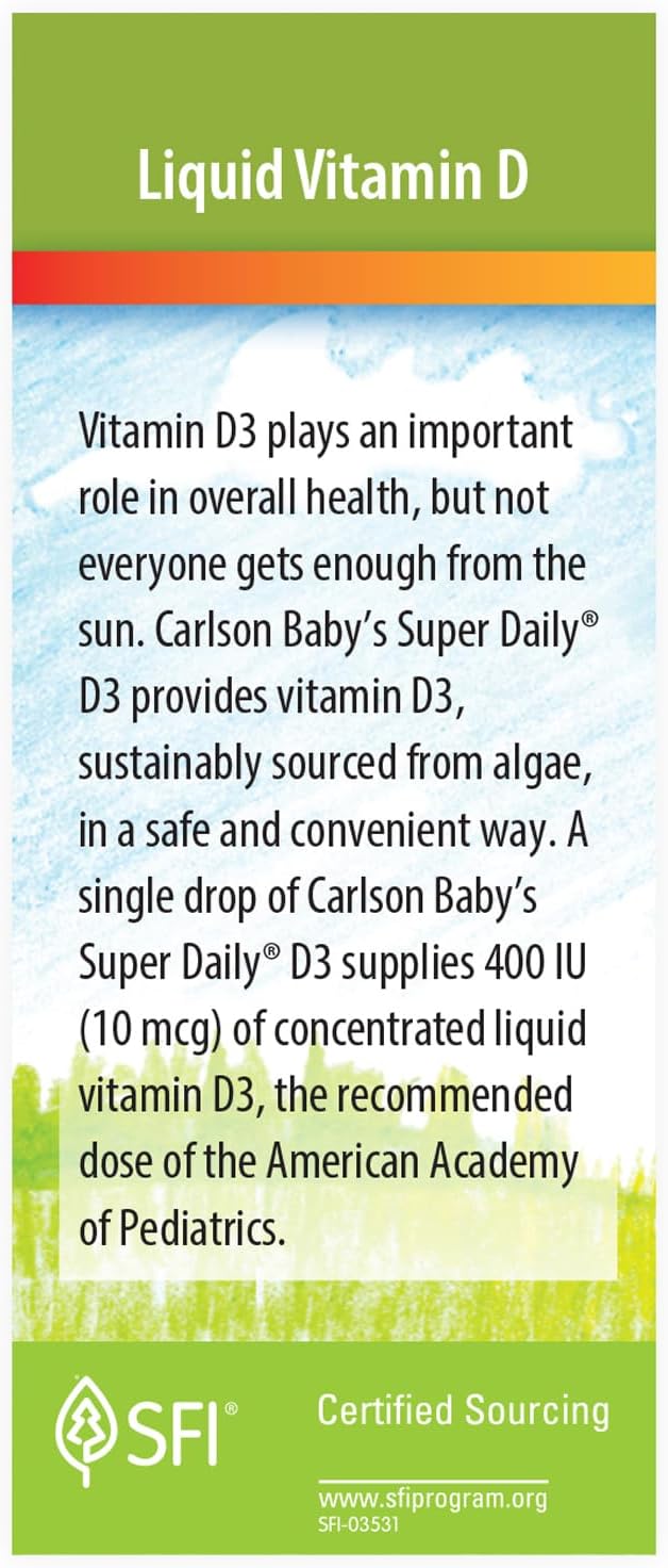 Carlson Baby Plant-Based Liquid Vitamin D Drops for Infants & Toddlers - 400 IU per Drop from Algae - Unflavored - 90 Drops