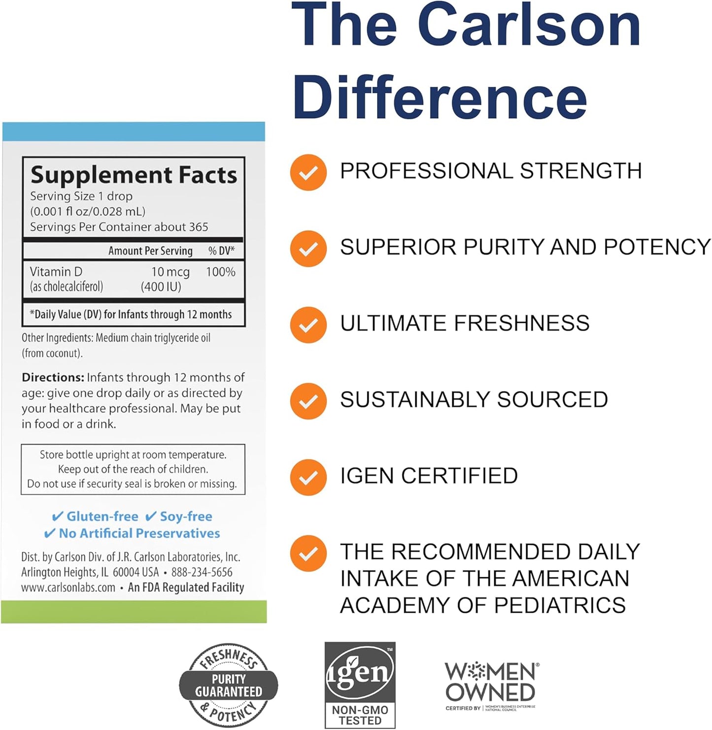 Carlson Baby's Super Daily D3 Vitamin Drops - 1-Year Supply, 400 IU (10 mcg) per Drop, Vegetarian Liquid Supplement for Infants and Toddlers, Unflavored