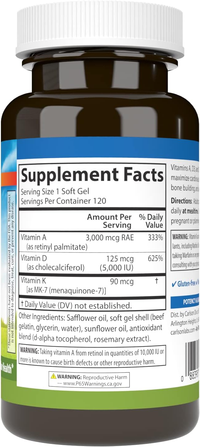 Carlson Bone Building Vitamin A, D3, K2 Soft Gels - 3000 mcg RAE Vitamin A, 125 mcg Vitamin D3, 90 mcg Vitamin K2 as MK-7, 120 Count