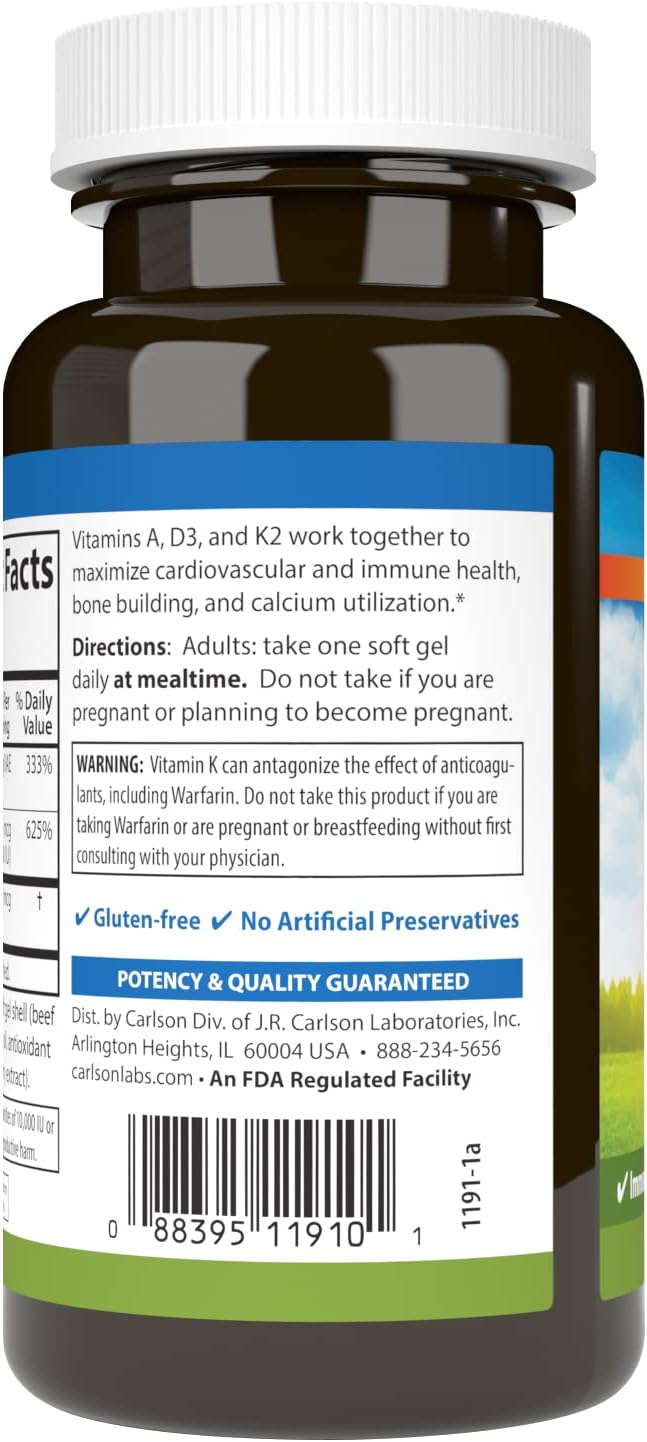Carlson Bone Building Vitamin A, D3, K2 Soft Gels - 3000 mcg RAE Vitamin A, 125 mcg Vitamin D3, 90 mcg Vitamin K2 as MK-7, 120 Count
