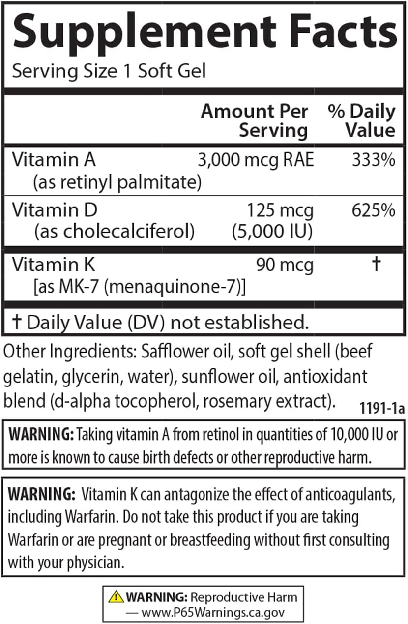 Carlson Bone Building Vitamin A, D3, K2 Soft Gels - 3000 mcg RAE Vitamin A, 125 mcg Vitamin D3, 90 mcg Vitamin K2 as MK-7, 120 Count