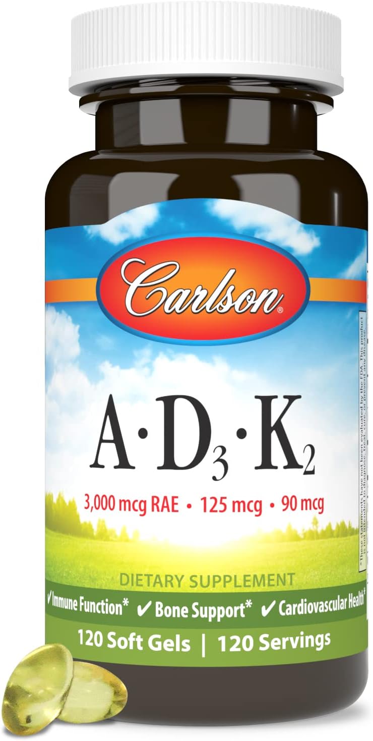Carlson Bone Building Vitamin A, D3, K2 Soft Gels - 3000 mcg RAE Vitamin A, 125 mcg Vitamin D3, 90 mcg Vitamin K2 as MK-7, 120 Count