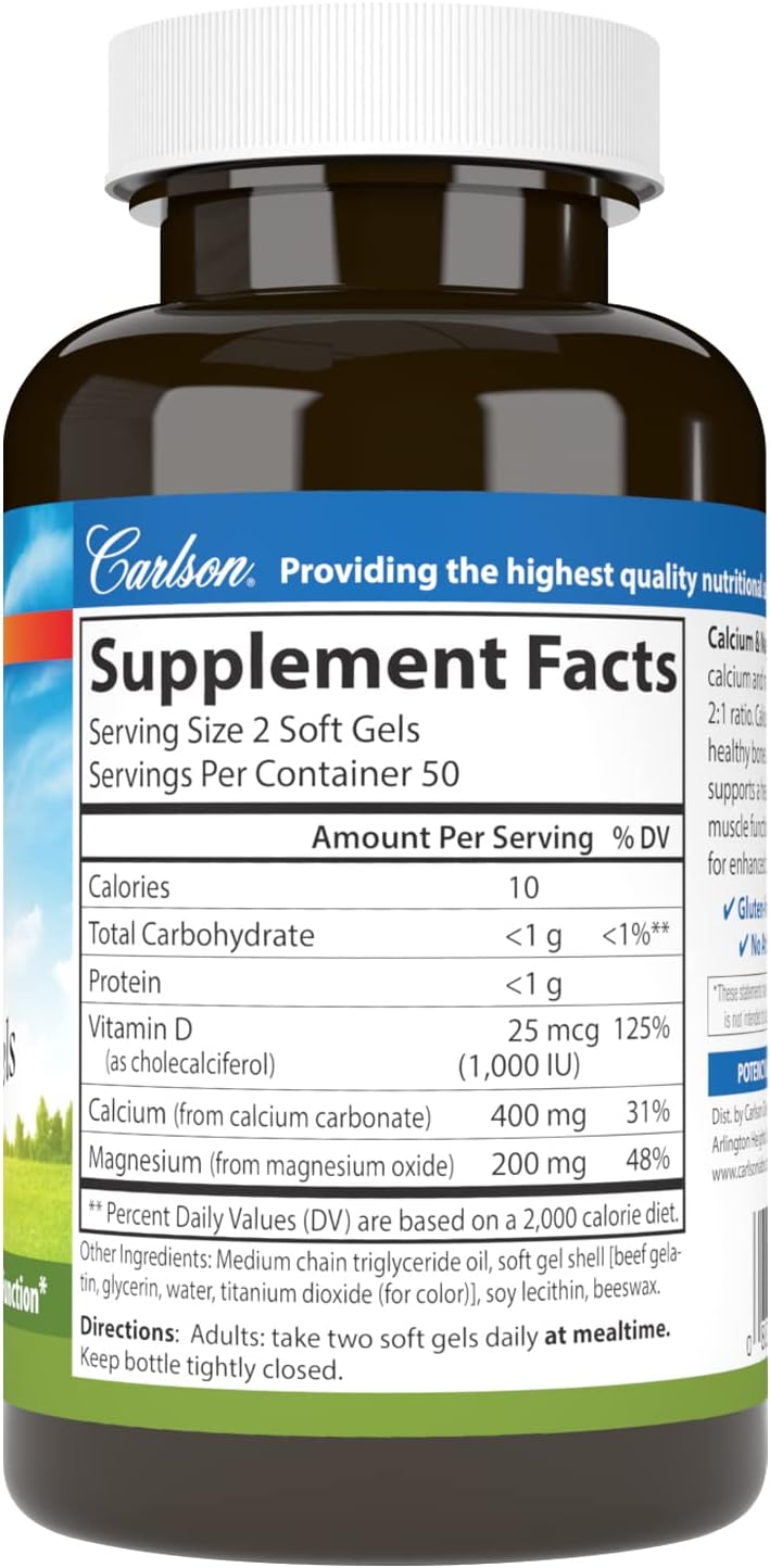 Carlson Cal-Mag Gels: 2:1 Calcium-Magnesium Ratio for Bone Support & Energy, 100 Softgels