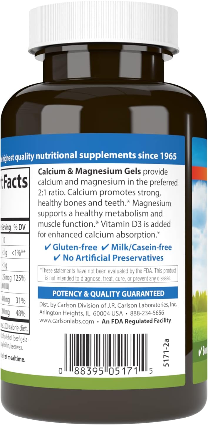 Carlson Cal-Mag Gels: 2:1 Calcium-Magnesium Ratio for Bone Support & Energy, 100 Softgels