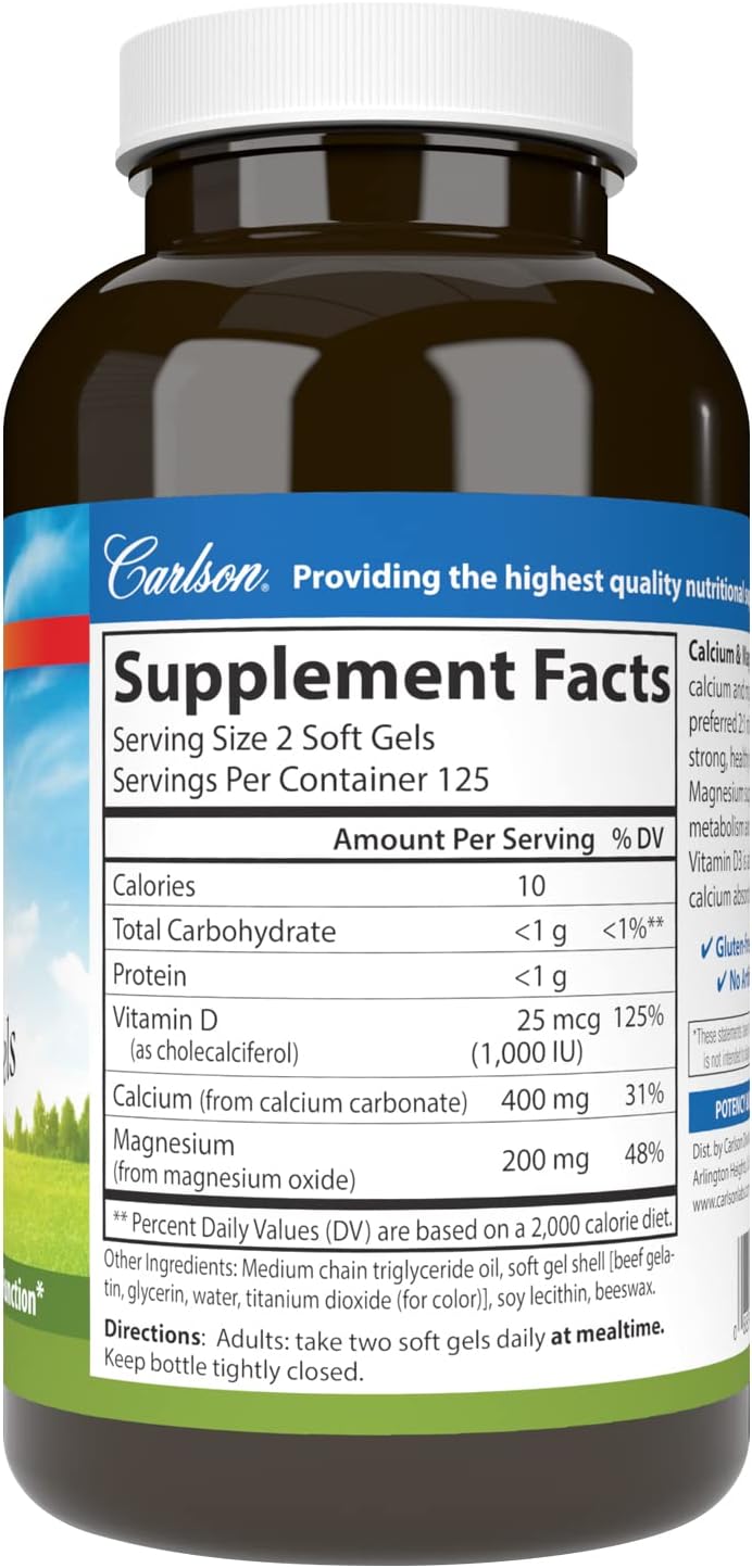 Carlson Cal-Mag Gels: 2:1 Calcium to Magnesium Ratio, Vitamin D, Bone & Energy Support, 250 Softgels