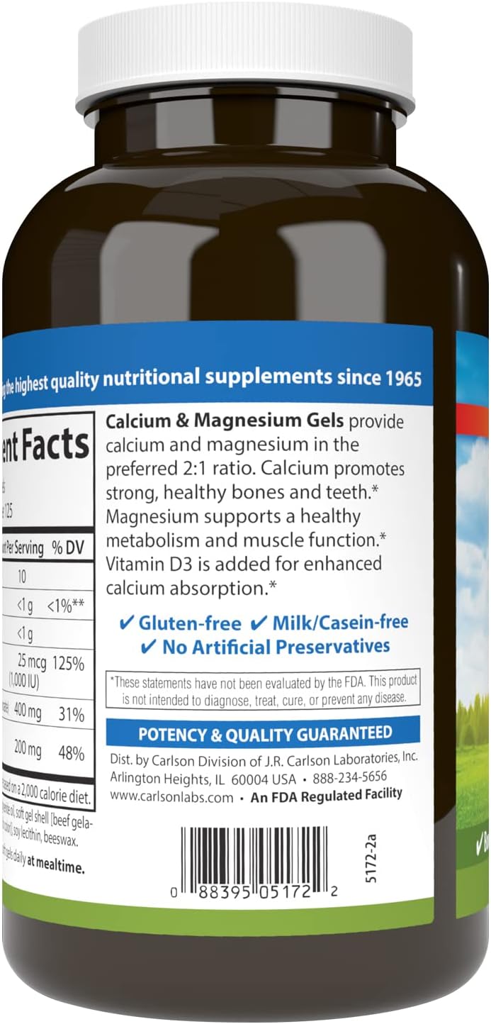 Carlson Cal-Mag Gels: 2:1 Calcium to Magnesium Ratio, Vitamin D, Bone & Energy Support, 250 Softgels