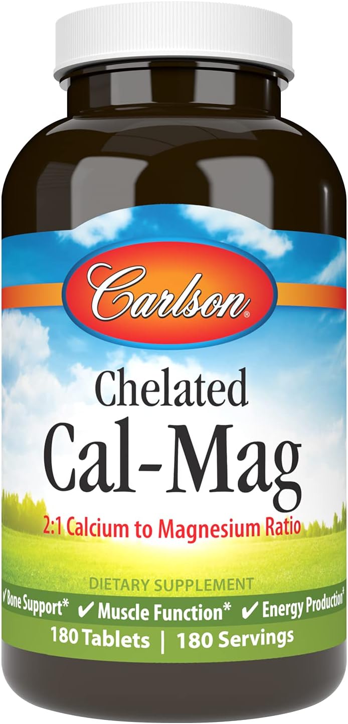 Carlson Chelated Cal-Mag Tablets, 2:1 Calcium to Magnesium Ratio for Bone and Muscle Health, 180 Count