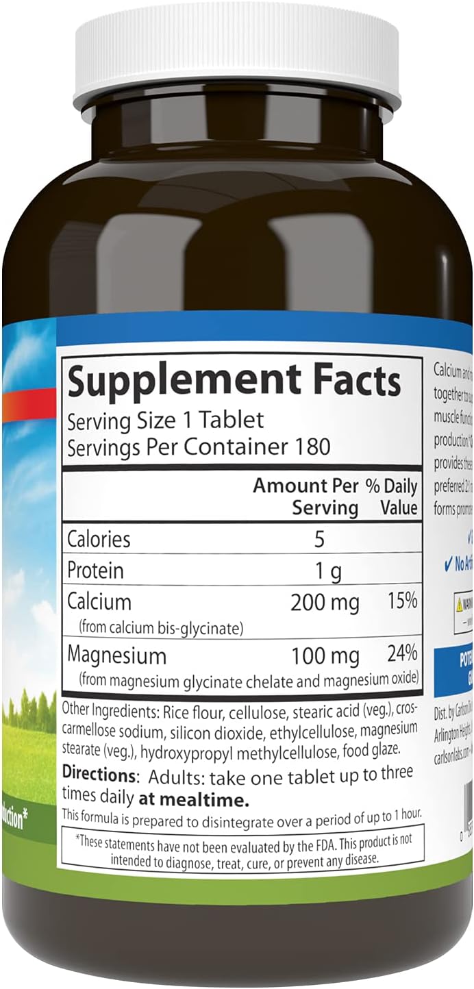 Carlson Chelated Cal-Mag Tablets, 2:1 Calcium to Magnesium Ratio for Bone and Muscle Health, 180 Count
