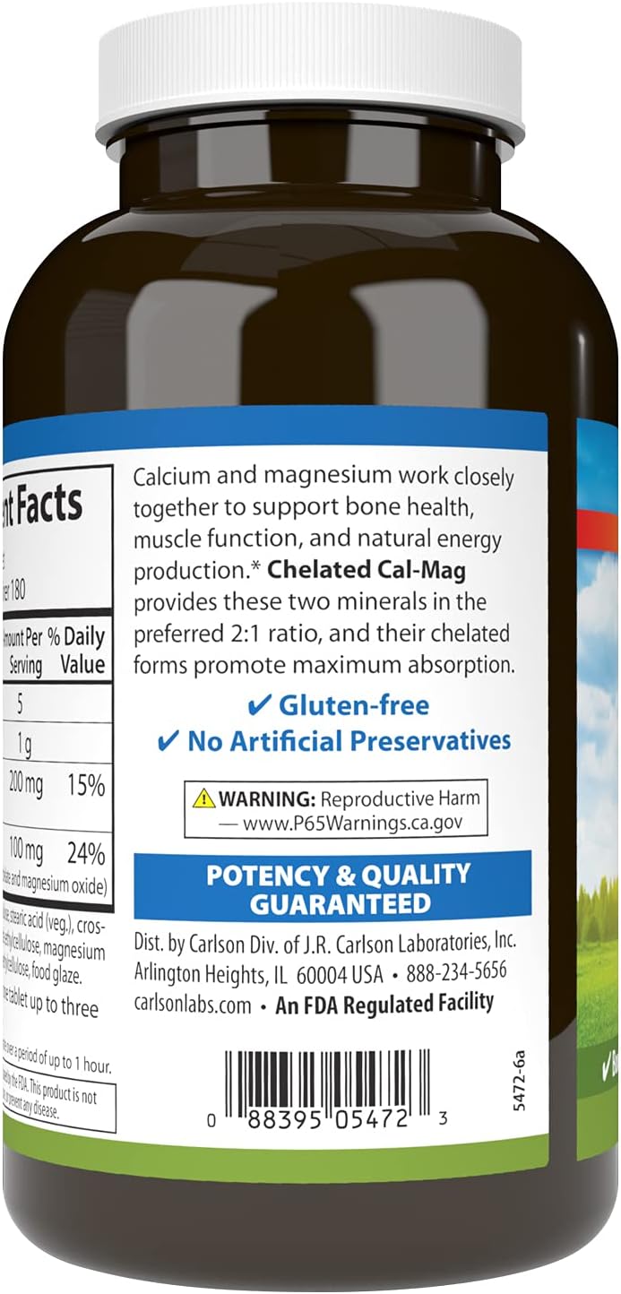 Carlson Chelated Cal-Mag Tablets, 2:1 Calcium to Magnesium Ratio for Bone and Muscle Health, 180 Count