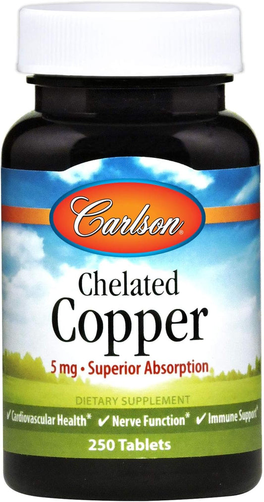 Carlson Chelated Copper Tablets - 5 mg for Circulation, Nerve Function & Immune Support - 250 Count