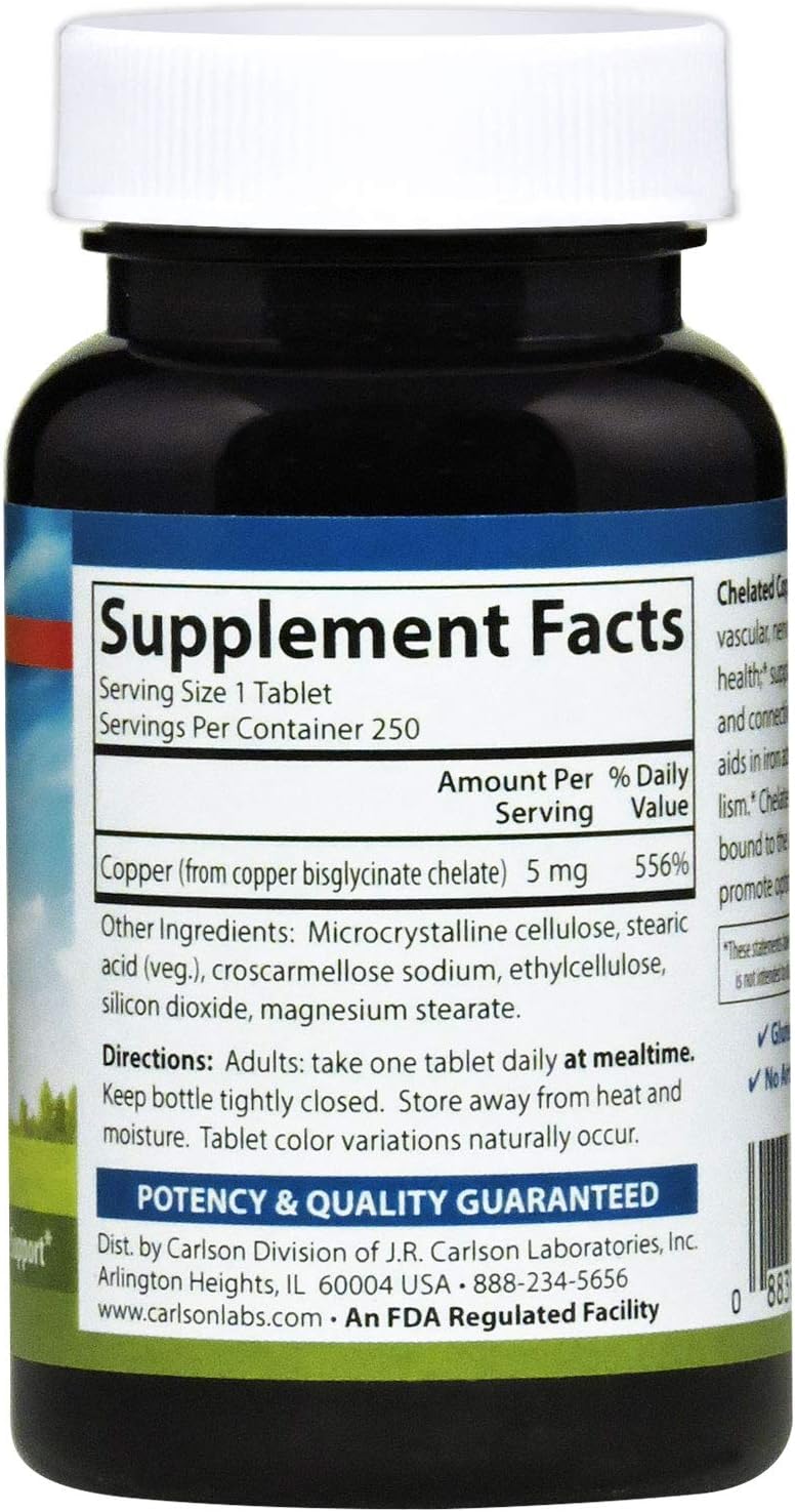 Carlson Chelated Copper Tablets - 5 mg for Circulation, Nerve Function & Immune Support - 250 Count