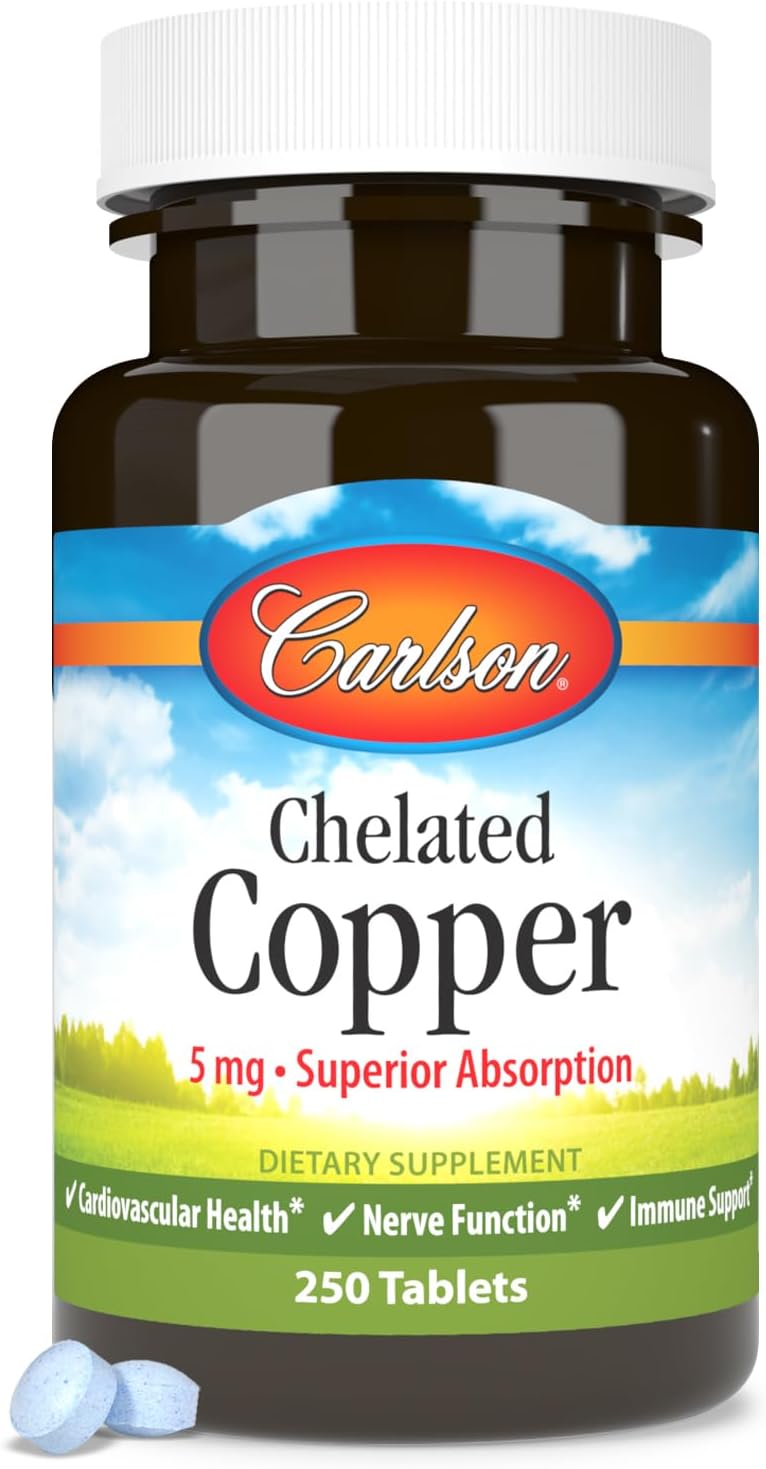 Carlson Chelated Copper Tablets - 5 mg for Circulation, Nerve Function & Immune Support - 250 Count
