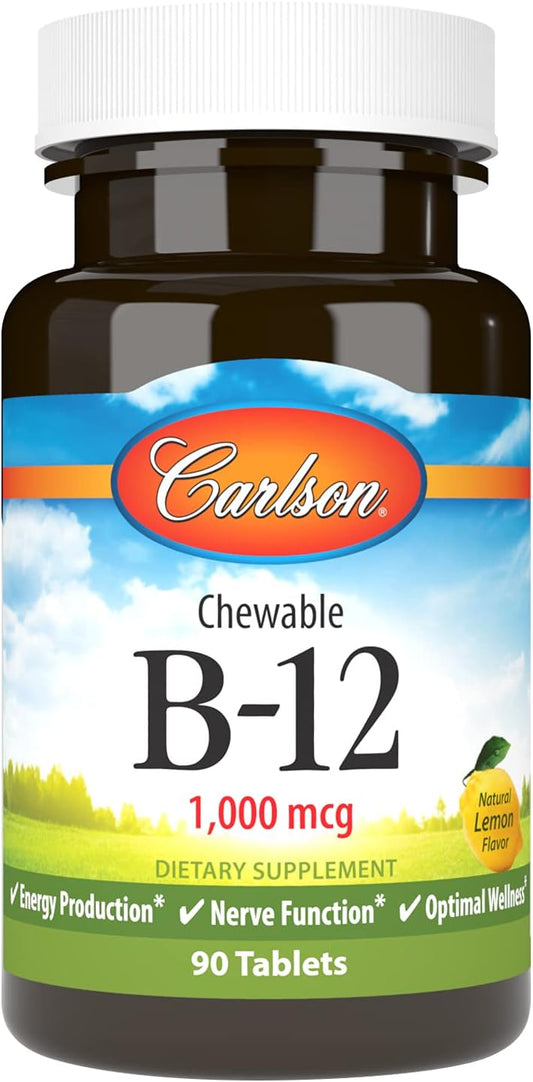 Carlson Chewable B-12 1000 mcg Tablets for Energy & Nerve Function, Lemon Flavor, 90 Count, Optimal Wellness Supplement