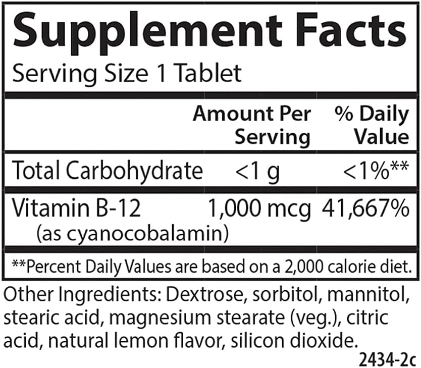 Carlson Chewable B-12 1000 mcg Tablets for Energy & Nerve Function, Lemon Flavor, 90 Count, Optimal Wellness Supplement