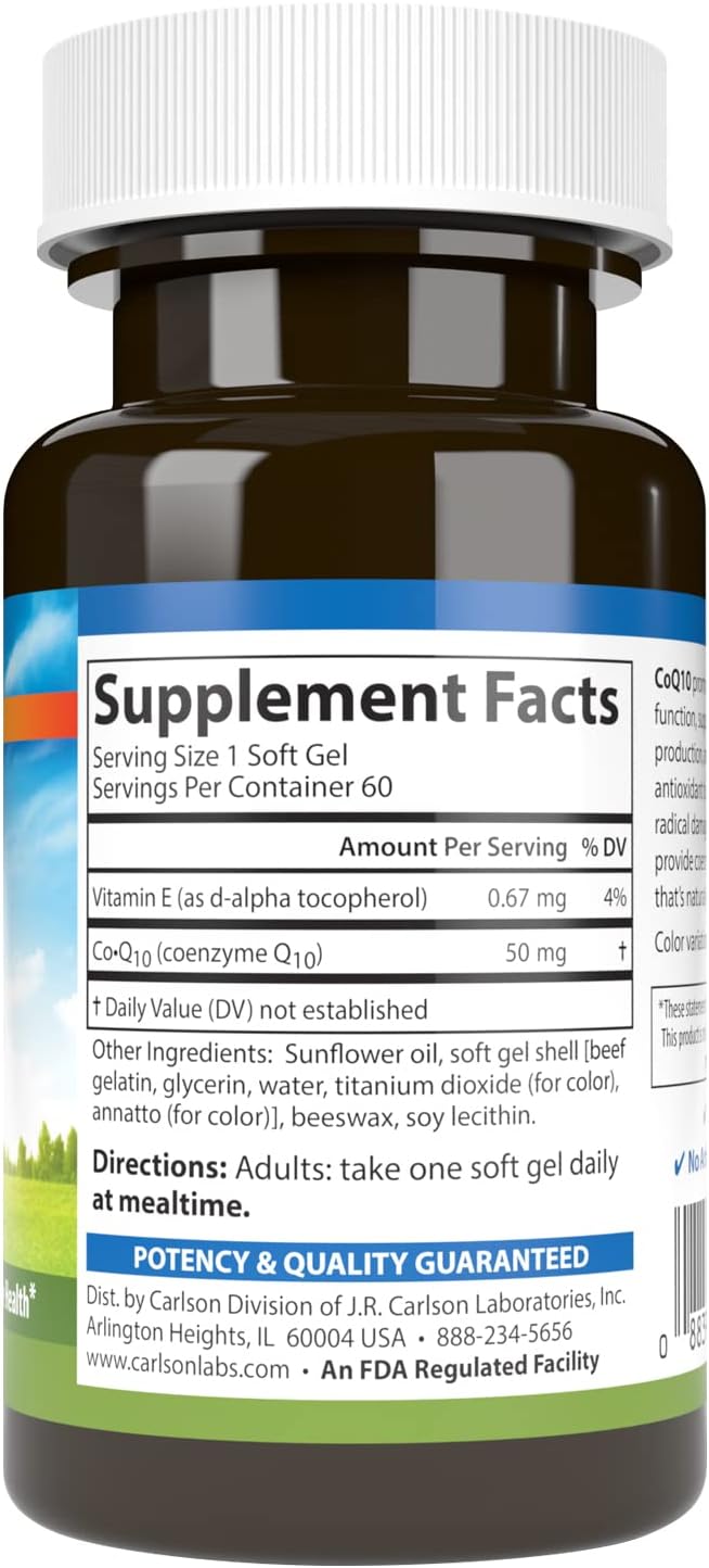 Carlson Co-Enzyme Q10 50 mg Softgels for Energy Production and Heart Health, 60 Count