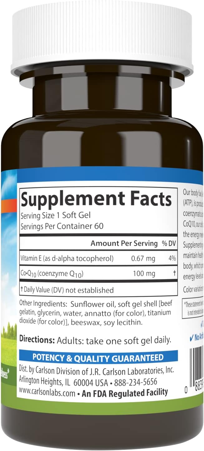 Carlson Co-Q10 100mg Softgels for Energy and Heart Health - 60 Count