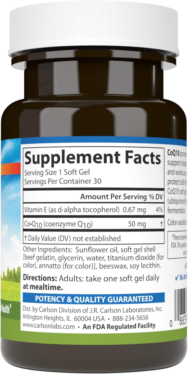 Carlson CoQ10 50mg Softgels for Energy Production and Heart Health - 30 Count