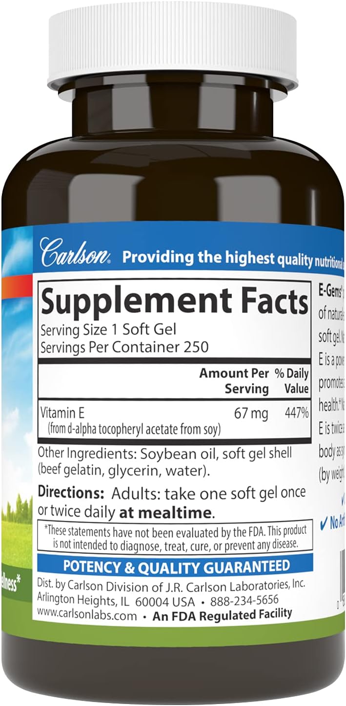Carlson E-Gems 100 IU Soft Gels for Heart Health, Antioxidant Support & Wellness - 250 Count