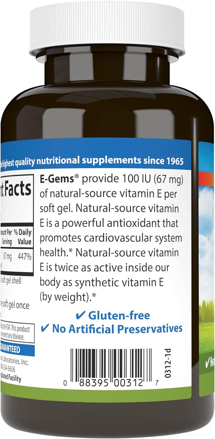 Carlson E-Gems 100 IU Soft Gels for Heart Health, Antioxidant Support & Wellness - 250 Count