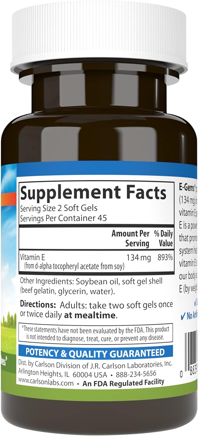 Carlson E-Gems 200 IU Soft Gels, Natural-Source Vitamin E for Optimal Wellness - 90 Count