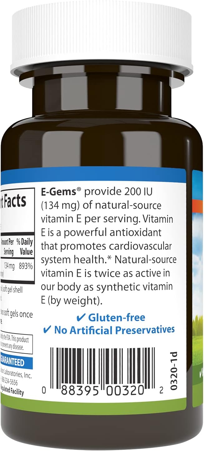 Carlson E-Gems 200 IU Soft Gels, Natural-Source Vitamin E for Optimal Wellness - 90 Count
