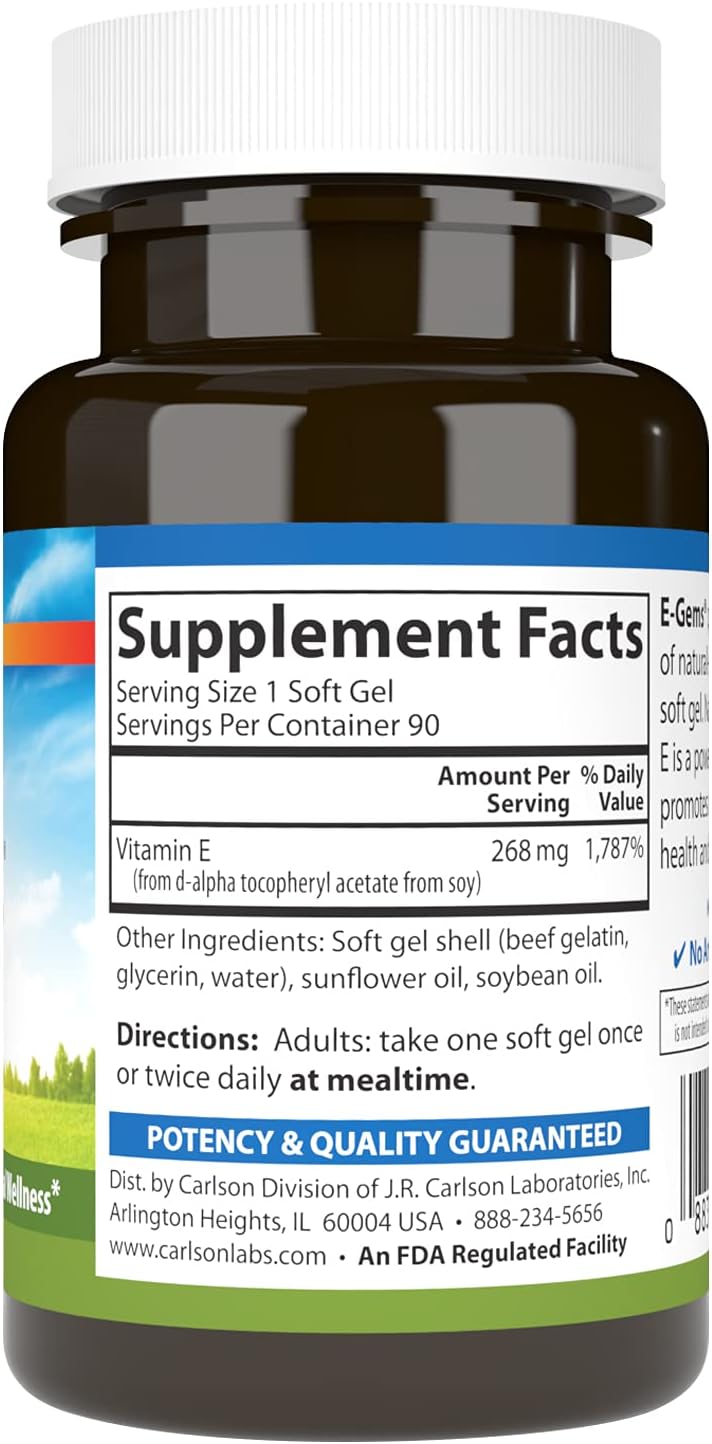 Carlson E-Gems 400 IU Soft Gels - Antioxidant for Heart Health & Wellness - 90 count