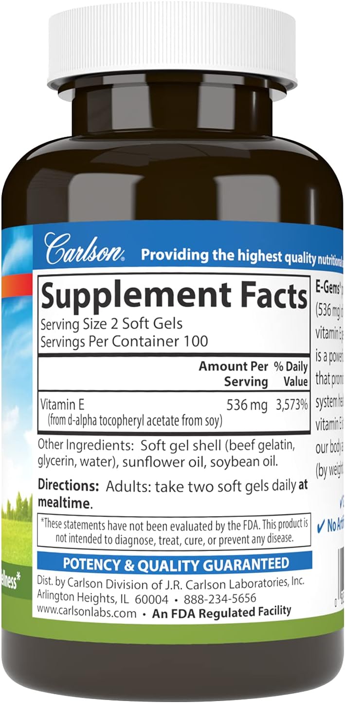 Carlson E-Gems 800 IU Softgels for Heart Health & Antioxidant Support - 100 Count