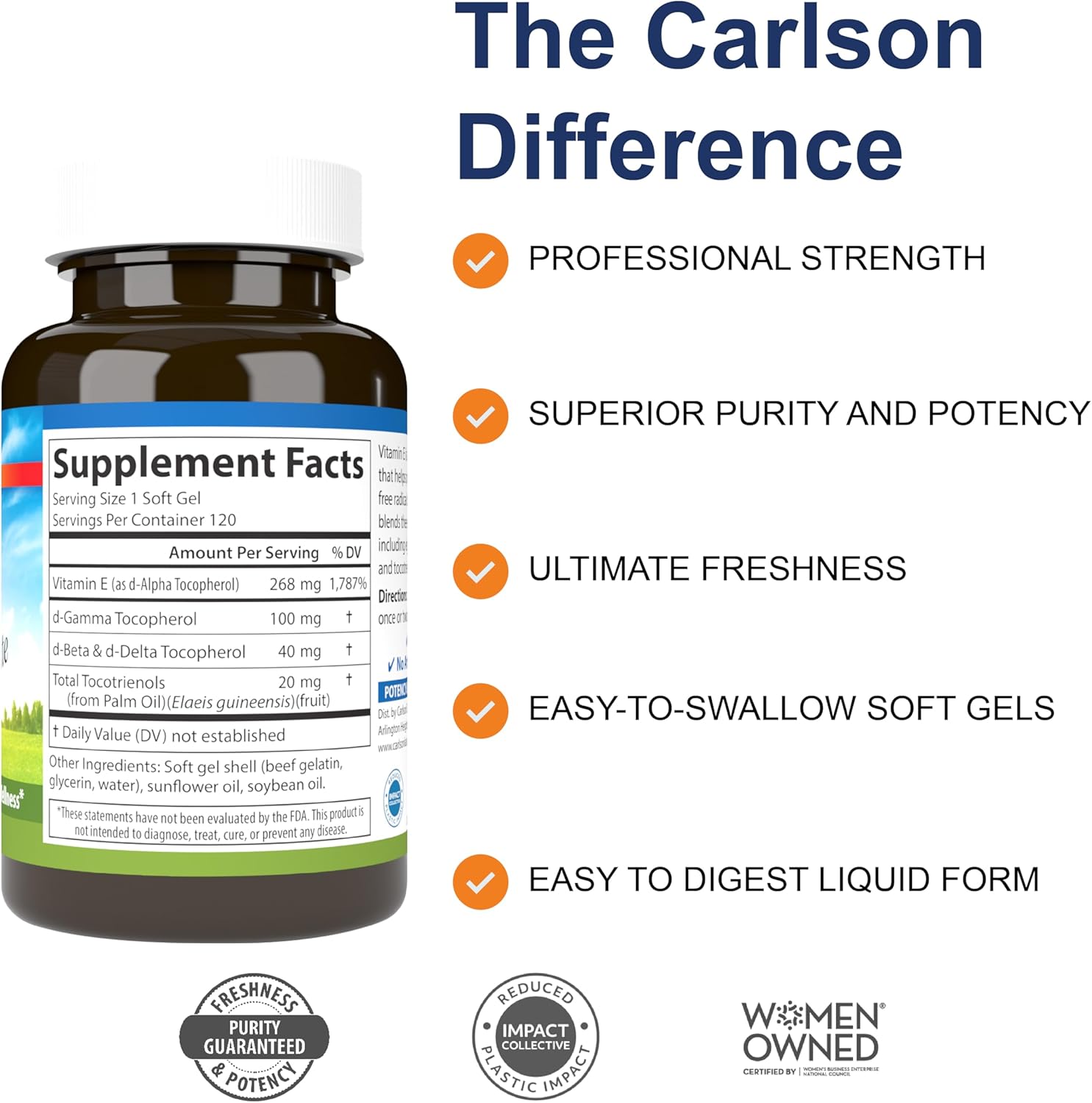 Carlson E-Gems Elite 400 IU Natural Vitamin E Capsules for Heart Health - 120 Softgels