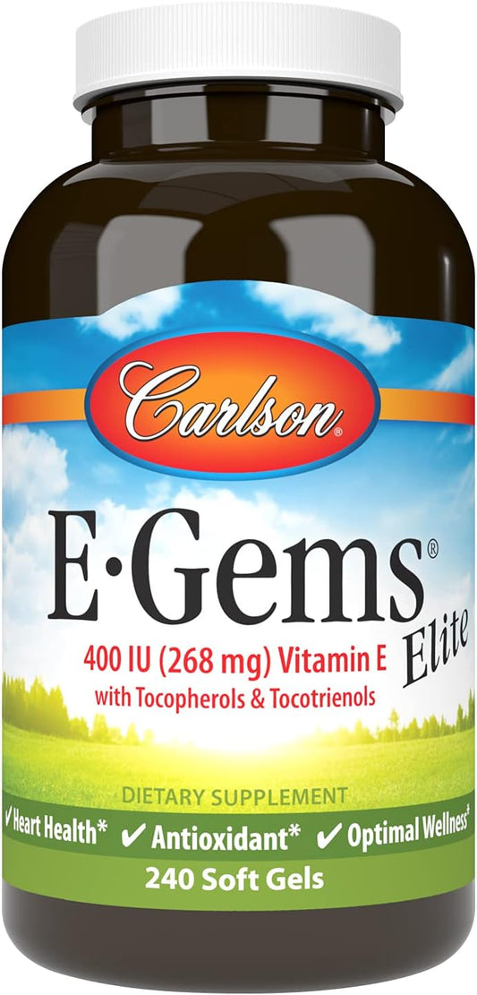 Carlson E-Gems Elite Vitamin E Capsules with Tocopherols & Tocotrienols - 400 IU, 240 Softgels - Antioxidant Supplement for Heart Health & Wellness