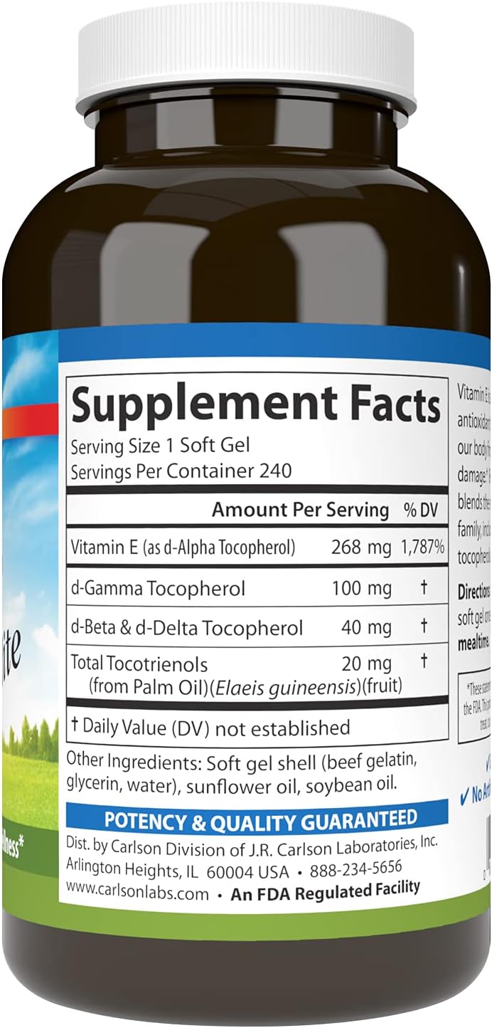 Carlson E-Gems Elite Vitamin E Capsules with Tocopherols & Tocotrienols - 400 IU, 240 Softgels - Antioxidant Supplement for Heart Health & Wellness