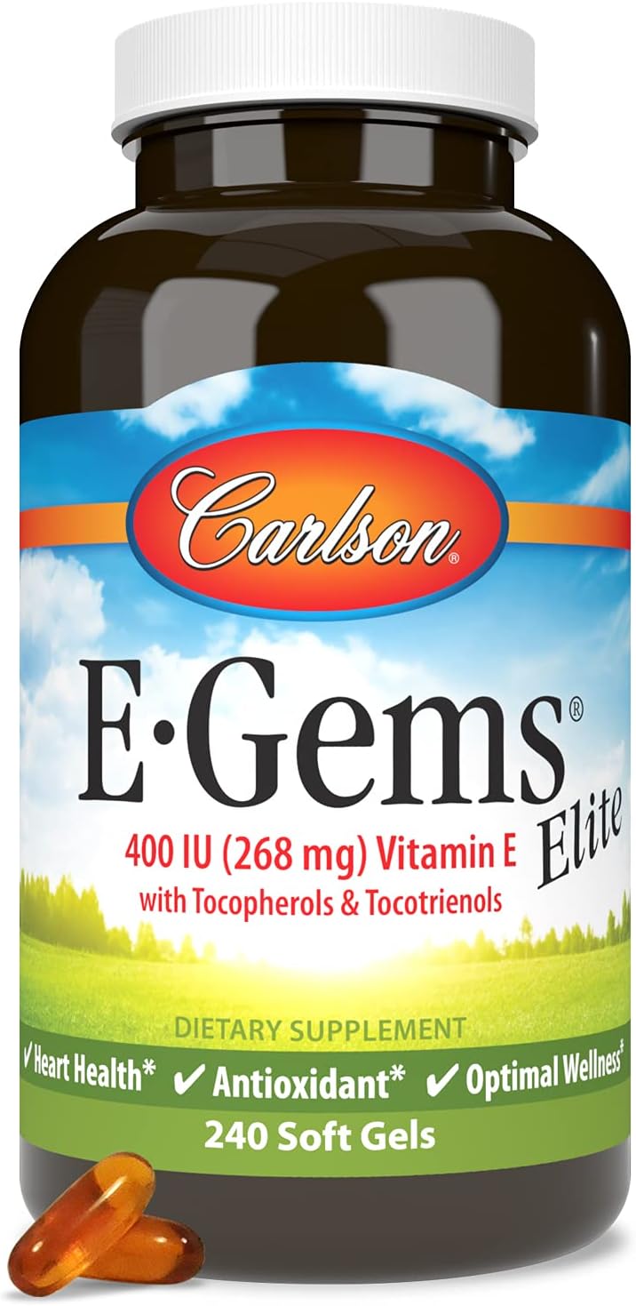 Carlson E-Gems Elite Vitamin E Capsules with Tocopherols & Tocotrienols - 400 IU, 240 Softgels - Antioxidant Supplement for Heart Health & Wellness