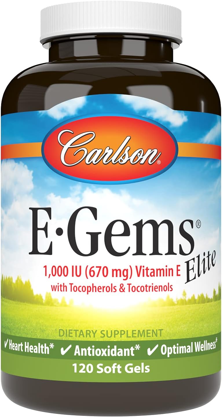 Carlson E-Gems Elite Vitamin E Soft Gels - 1000 IU with Tocopherols & Tocotrienols for Heart Health & Wellness - 120 Capsules