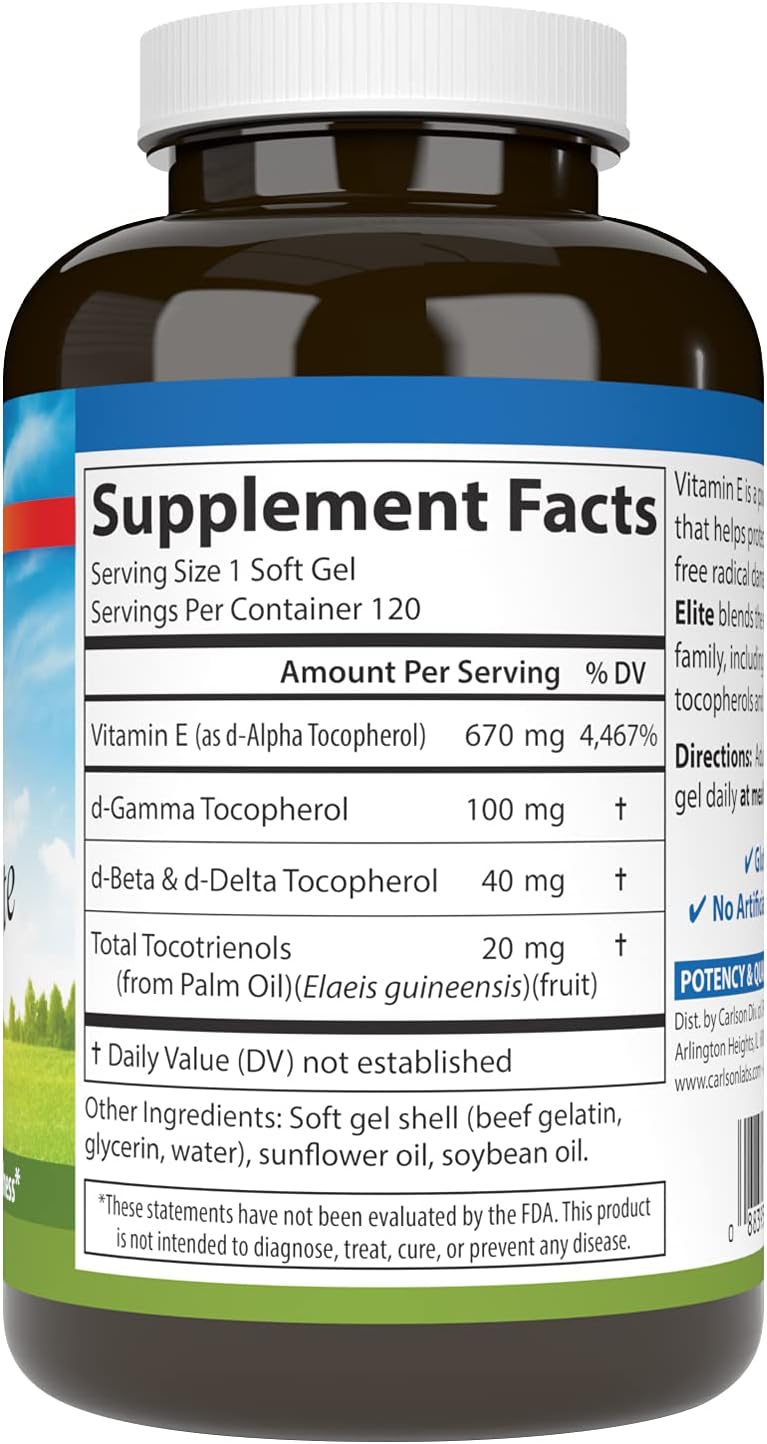 Carlson E-Gems Elite Vitamin E Soft Gels - 1000 IU with Tocopherols & Tocotrienols for Heart Health & Wellness - 120 Capsules