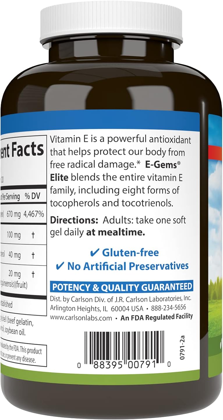 Carlson E-Gems Elite Vitamin E Soft Gels - 1000 IU with Tocopherols & Tocotrienols for Heart Health & Wellness - 120 Capsules