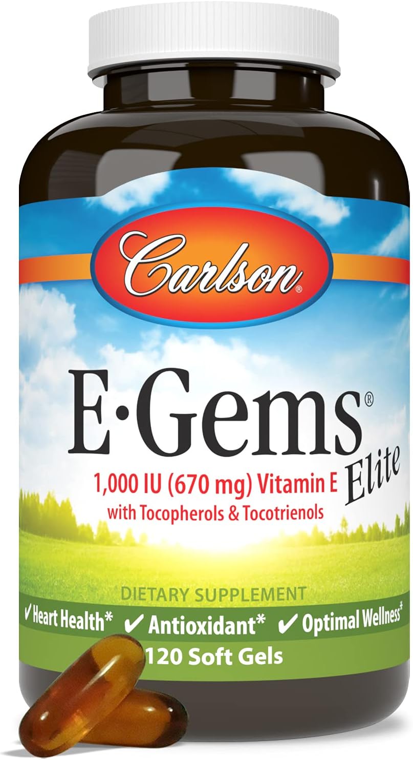 Carlson E-Gems Elite Vitamin E Soft Gels - 1000 IU with Tocopherols & Tocotrienols for Heart Health & Wellness - 120 Capsules