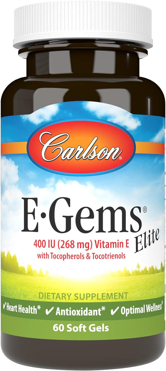 Carlson E-Gems Elite Vitamin E Soft Gels - 400 IU with Tocopherols & Tocotrienols for Heart Health & Antioxidant Support - 60 Count