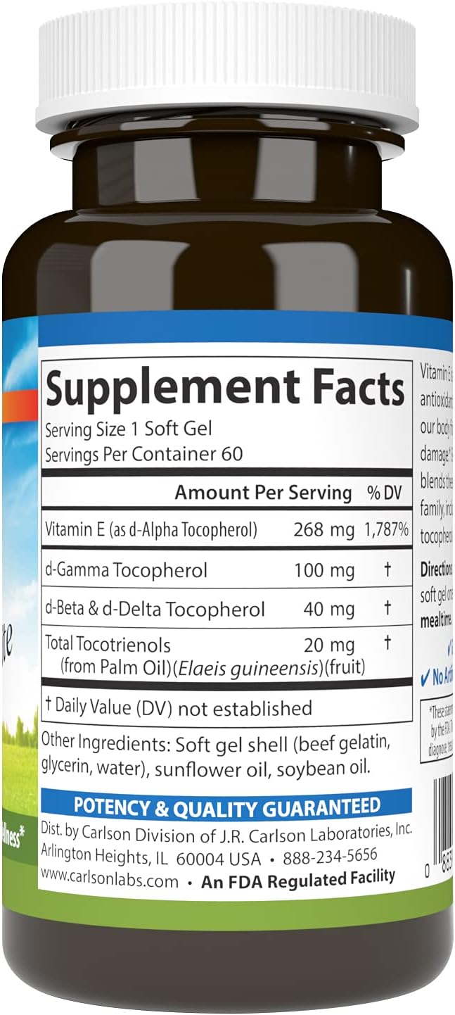 Carlson E-Gems Elite Vitamin E Soft Gels - 400 IU with Tocopherols & Tocotrienols for Heart Health & Antioxidant Support - 60 Count
