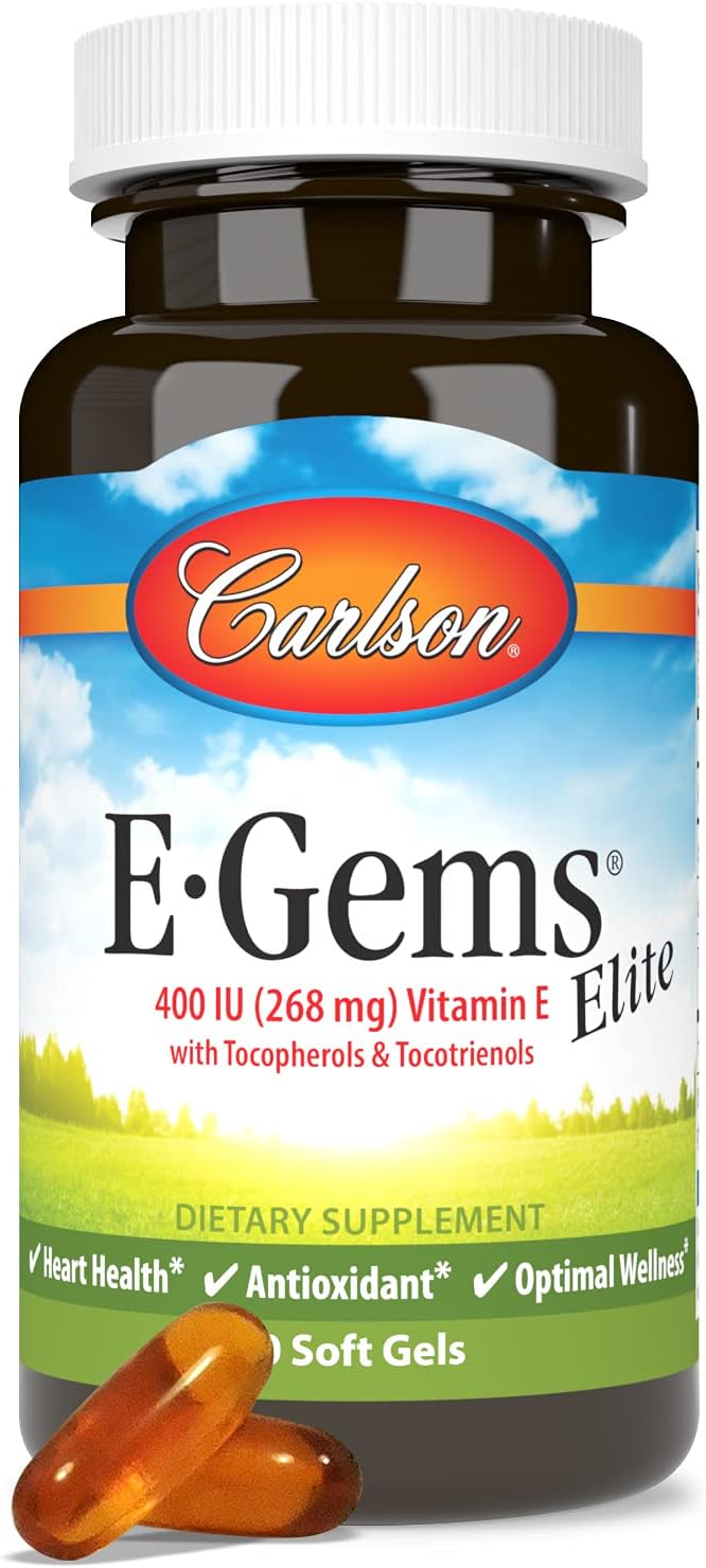 Carlson E-Gems Elite Vitamin E Soft Gels - 400 IU with Tocopherols & Tocotrienols for Heart Health & Antioxidant Support - 60 Count