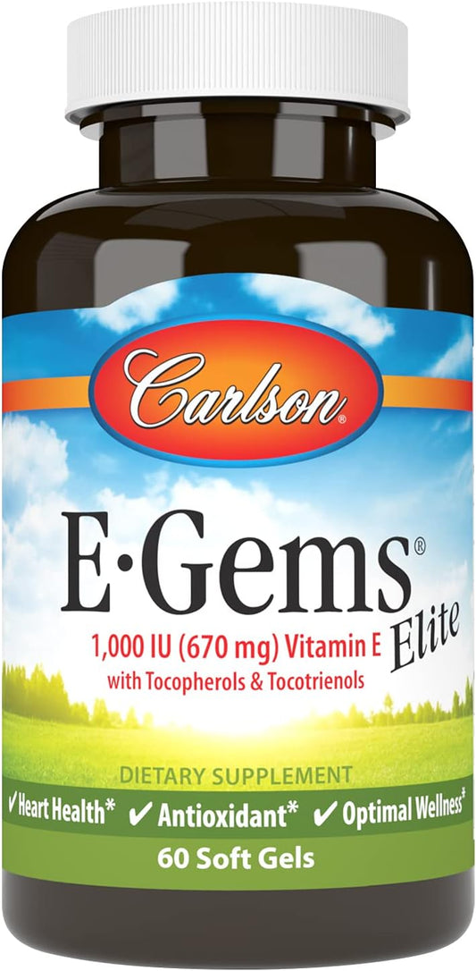 Carlson E-Gems Elite Vitamin E Supplement 1000 IU with Tocopherols & Tocotrienols for Optimal Wellness - 60 Softgels