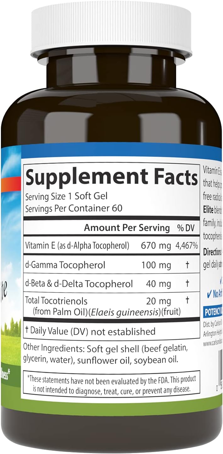 Carlson E-Gems Elite Vitamin E Supplement 1000 IU with Tocopherols & Tocotrienols for Optimal Wellness - 60 Softgels