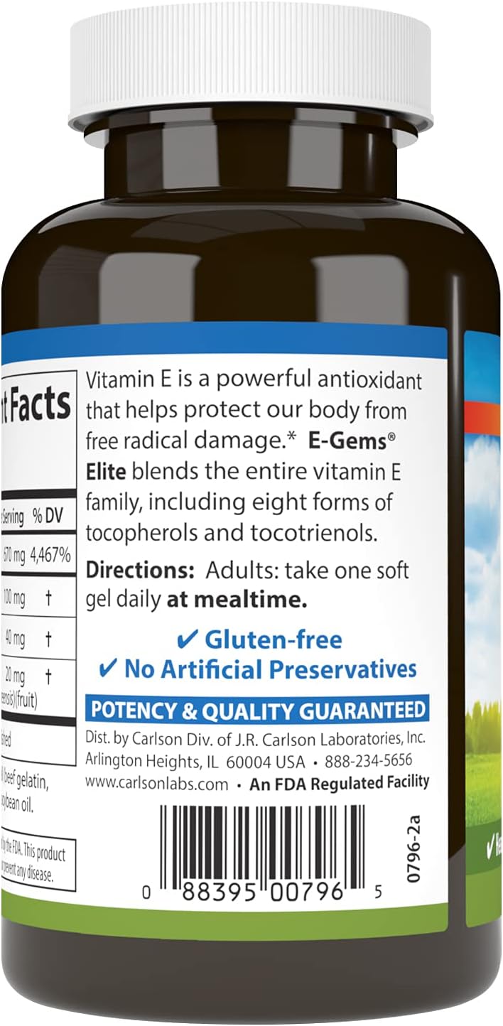 Carlson E-Gems Elite Vitamin E Supplement 1000 IU with Tocopherols & Tocotrienols for Optimal Wellness - 60 Softgels