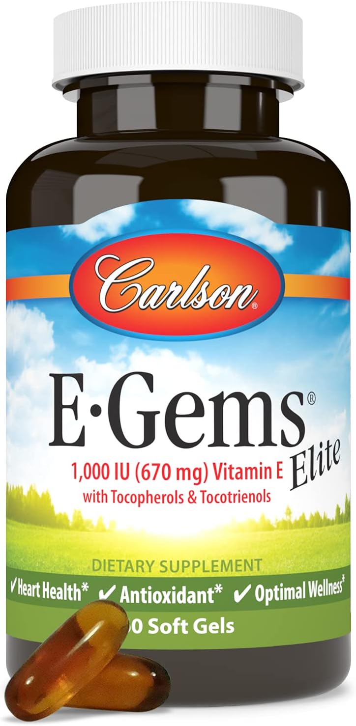 Carlson E-Gems Elite Vitamin E Supplement 1000 IU with Tocopherols & Tocotrienols for Optimal Wellness - 60 Softgels