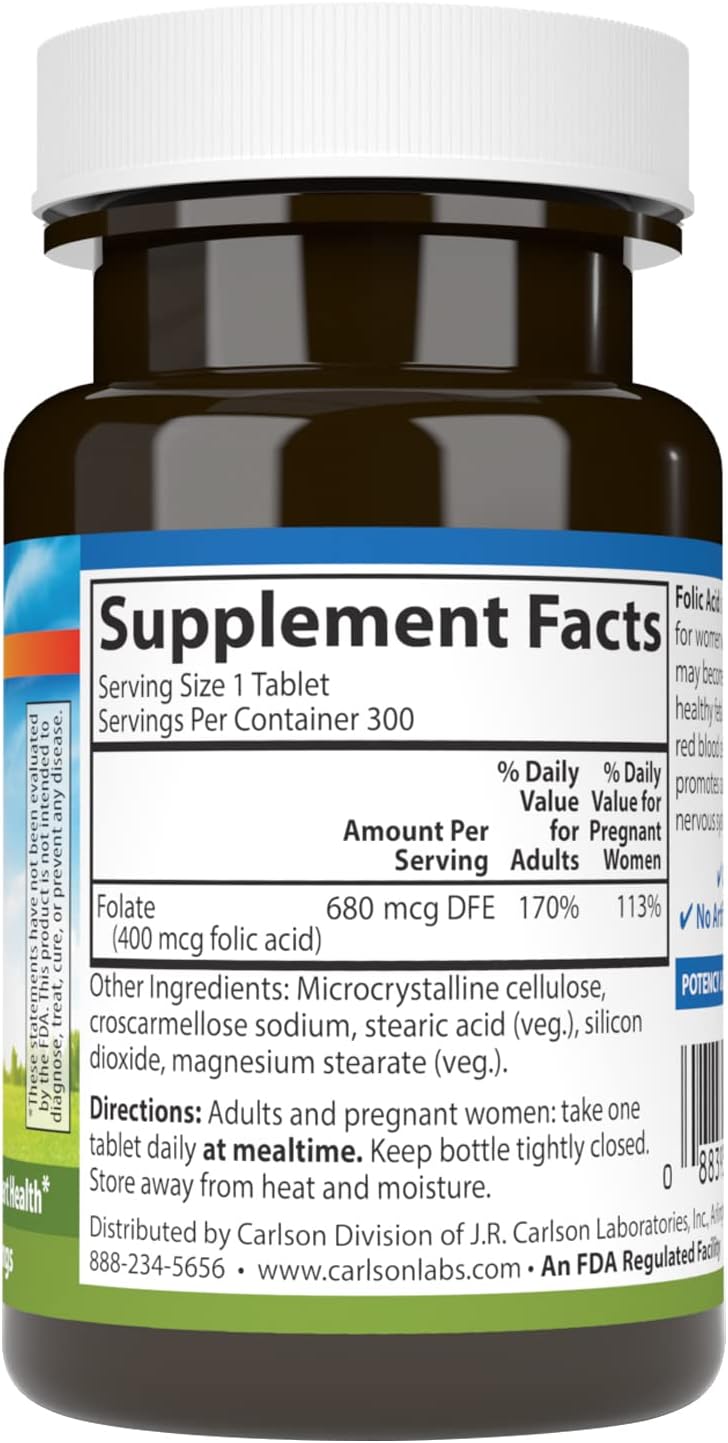 Carlson Folic Acid 400 mcg Tablets for Prenatal Support and Fetal Development - 300 Count