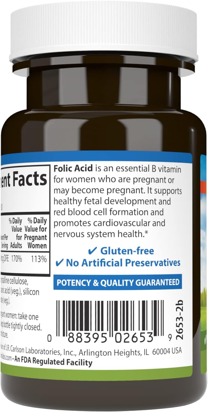 Carlson Folic Acid 400 mcg Tablets for Prenatal Support and Fetal Development - 300 Count