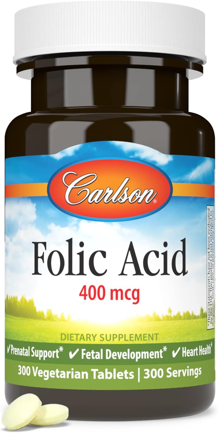 Carlson Folic Acid 400 mcg Tablets for Prenatal Support and Fetal Development - 300 Count