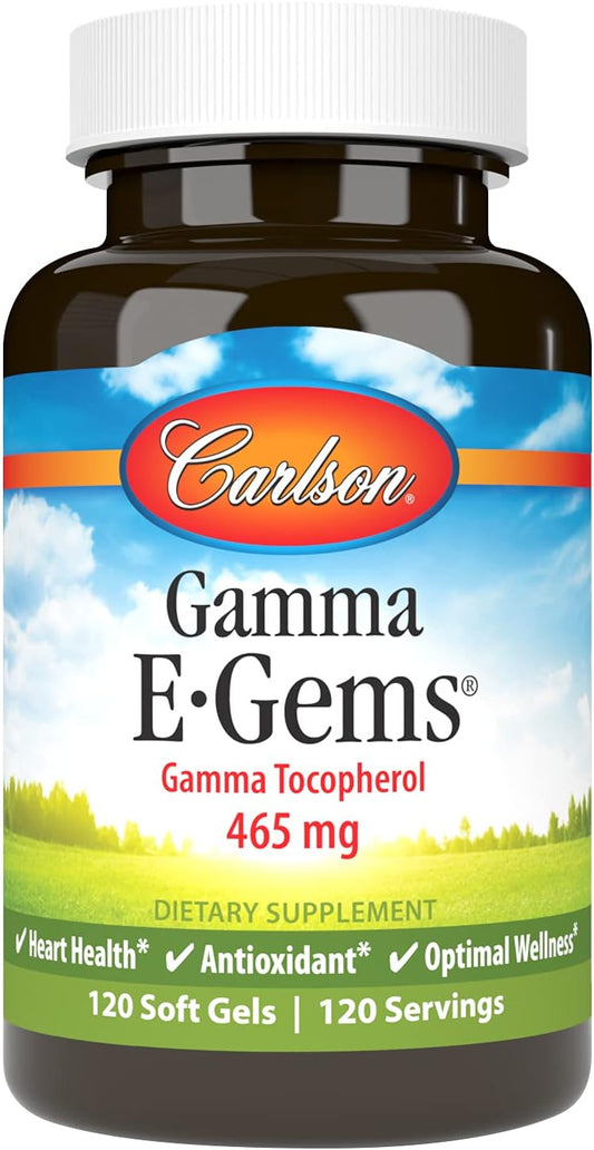 Carlson Gamma E-Gems 465mg Softgels with Gamma Tocopherol for Optimal Wellness - 120 Vitamin E Tocopherol Capsules